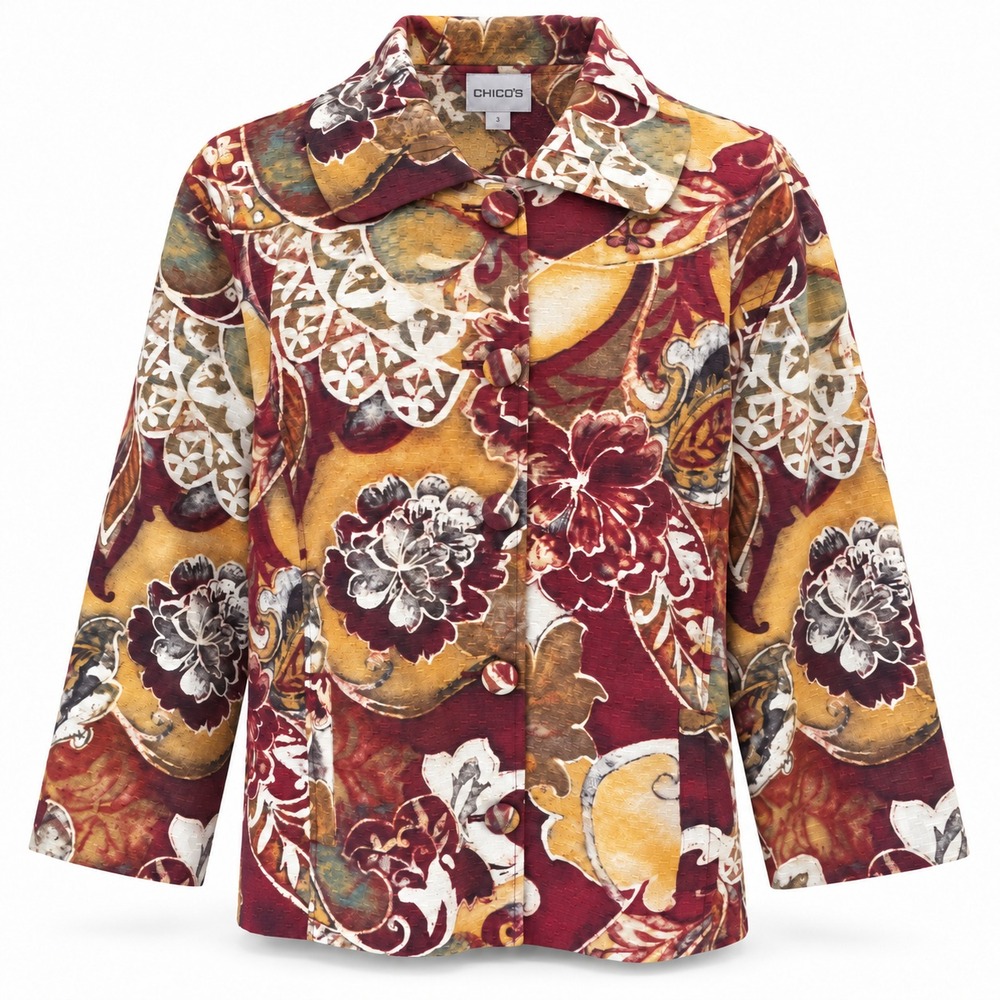 CHICOS Sz 3/XL Silk Blend Floral/Paisley Blazer Art to Wear Button Front Light